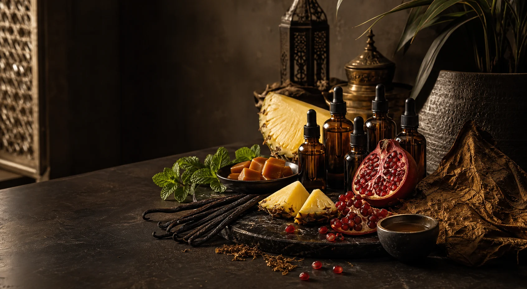 Palette d’ingrédients fruités, gourmands, mentholés et tabac dans un atelier chaleureux